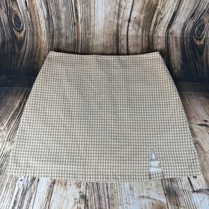 Pink Lily A-Line Skirt Women's L White Tan Gingham Cotton Short Lightweight Slit